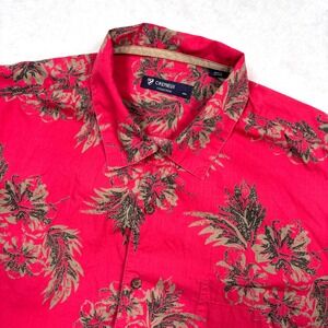 Cremieux Button Shirt Mens L Red Floral Hibiscus Hawaii LOOP COLLAR Camp Beach